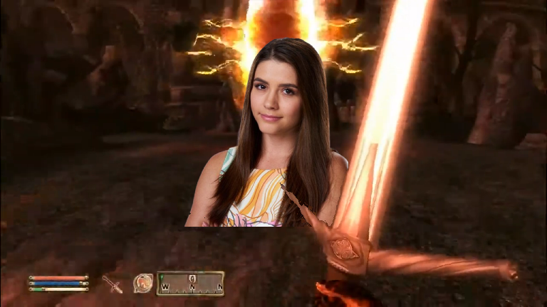 Zoe in front of a gate to Oblivion