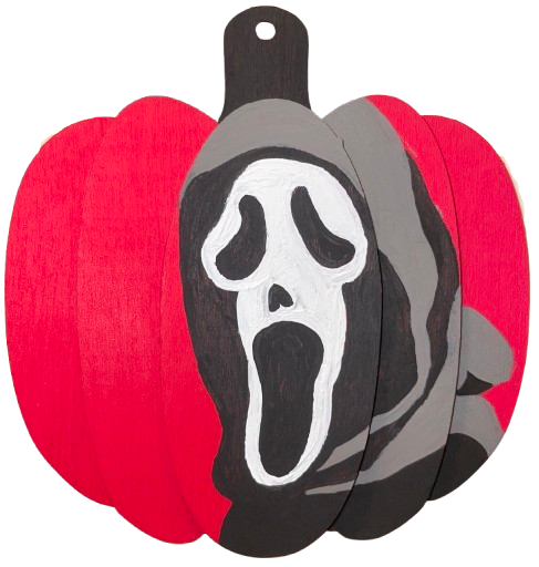 Ghostface on a red wooden pumpkin ornament